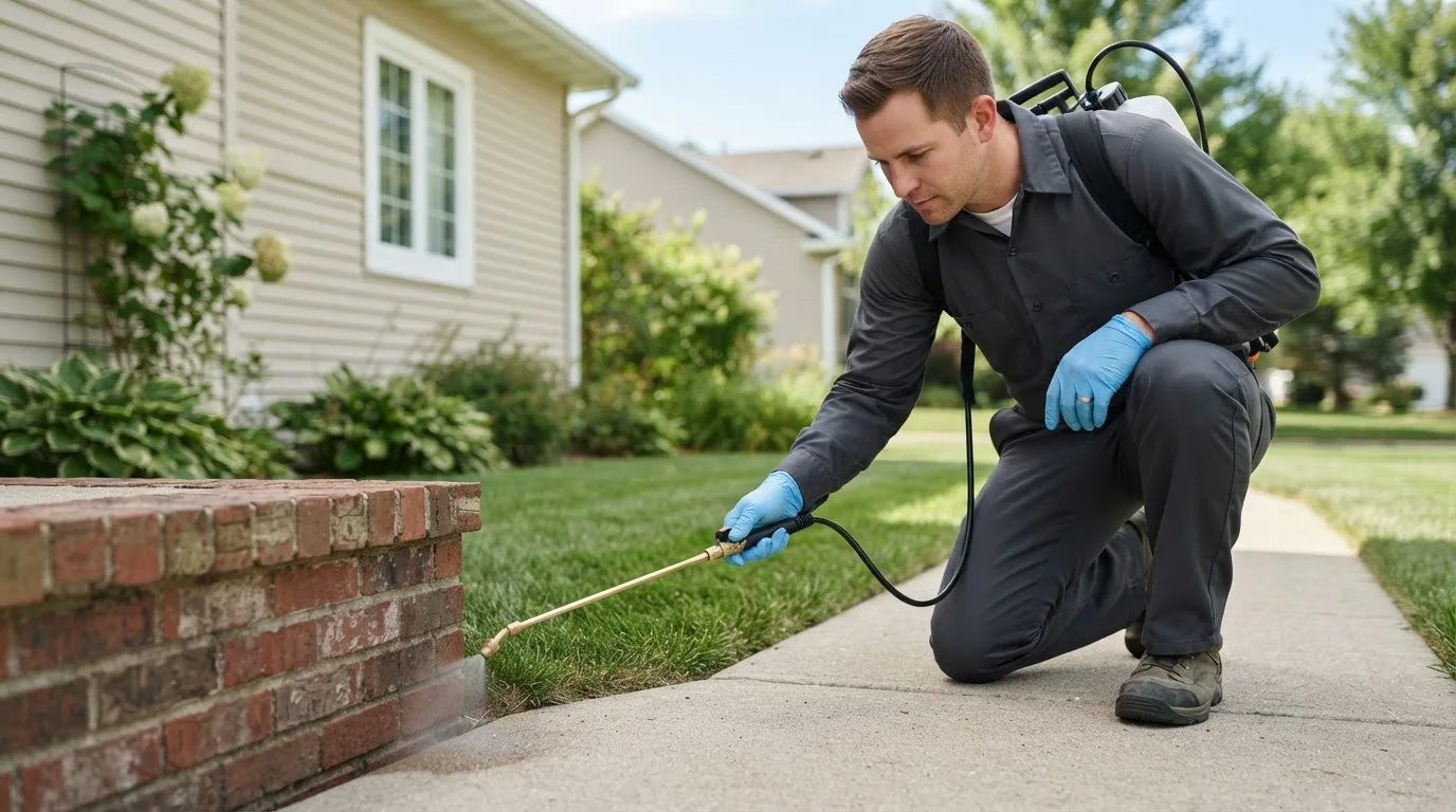 Pest control technician treating a home near New Century, KS