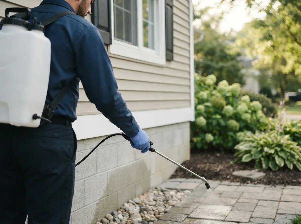 Pest control technician inspecting a home in New Century, KS